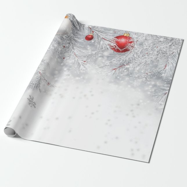 Papel De Presente Paisagem de Inverno, Bolas Vermelhas Ramos de Pinh (Desenrolado)