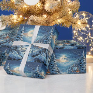 Papel De Presente Paisagem de Inverno Cabana de Troncos Pinheiros Ri