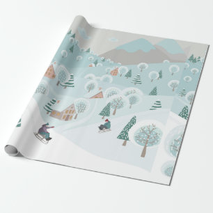 Papel De Presente Paisagem de inverno com neve, árvores e crianças