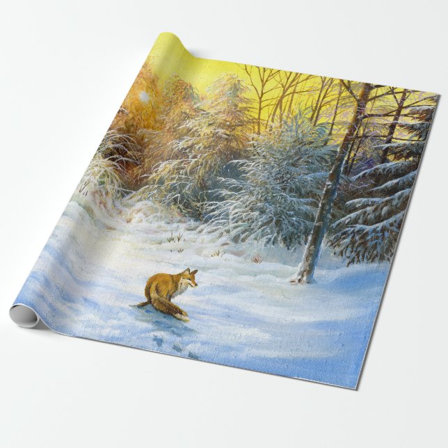 Papel De Presente Paisagem de inverno com raposa em declínio (Desenrolado)