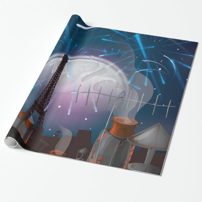 Papel De Presente Paisagem de Paris de desenho animado com fogos de  (Desenrolado)