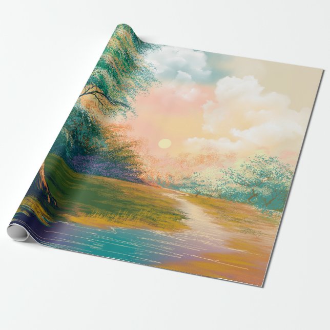 Papel De Presente Paisagem de pintura digital, rio na nascente (Desenrolado)