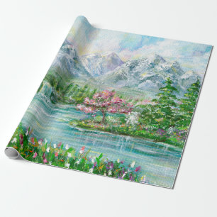 Papel De Presente Paisagem de primavera. Mão acrílica original p