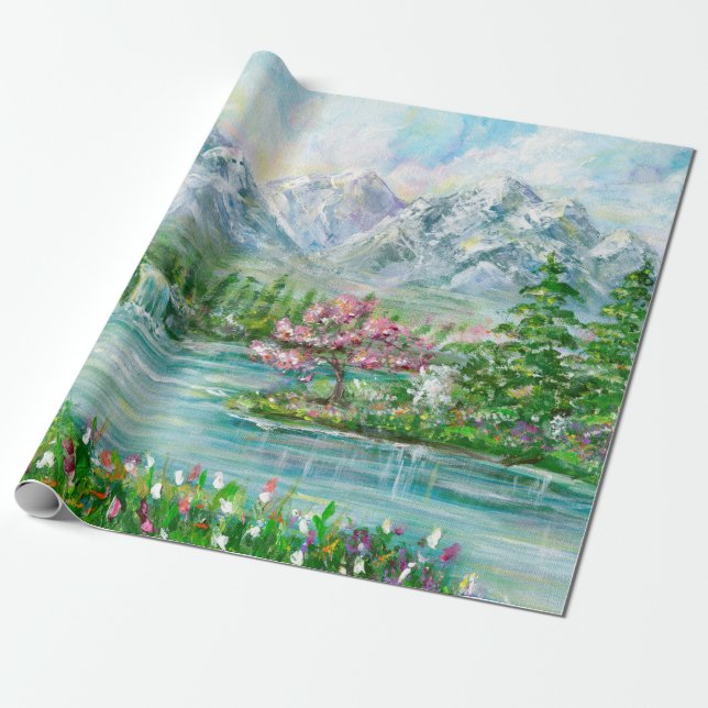 Papel De Presente Paisagem de primavera. Mão acrílica original p (Desenrolado)
