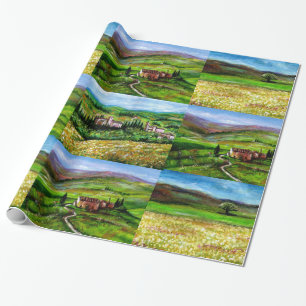 PAPEL DE PRESENTE PAISAGEM DE TUSCÂNCIA,CAMPOS DE FLOR AMARELO-VERD