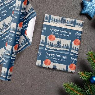 Papel De Presente Paisagem Florestal de Inverno Azul-Marinho Desenho