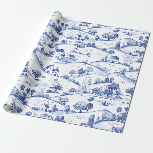 Papel De Presente Paisagem Francesa Pastoral Toile Azul Atemporal (Desenrolado)