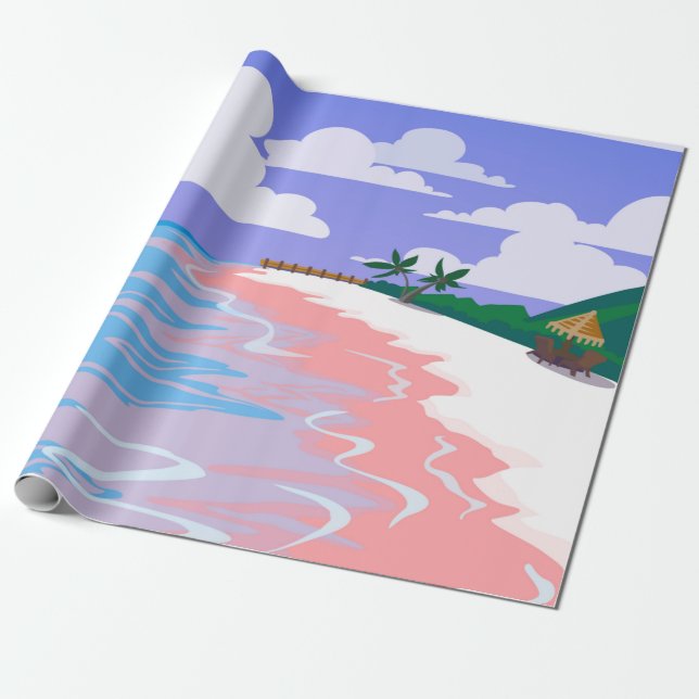 Papel De Presente Paisagem marítima de praia tropical com areia rosa (Desenrolado)