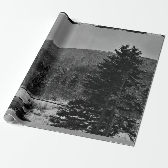 Papel De Presente Paisagem nevado em preto e branco (Desenrolado)