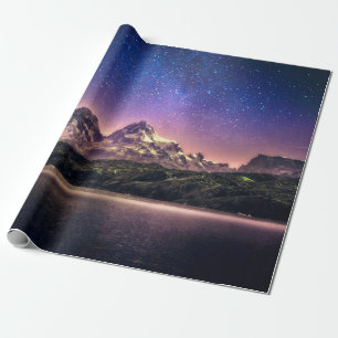 Papel De Presente Paisagem noturna colorida com céu estrelado