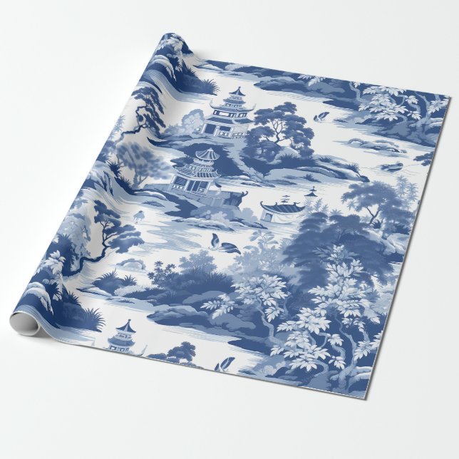 Papel De Presente Paisagem Oriental Chinoiserie (Desenrolado)