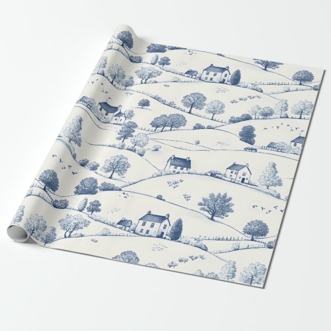 Papel De Presente Paisagem Toile Azul Pastoral Clássico Francês (Desenrolado)
