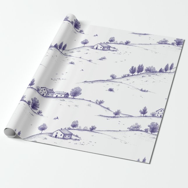 Papel De Presente Paisagem Toile Azul Vintage (Desenrolado)