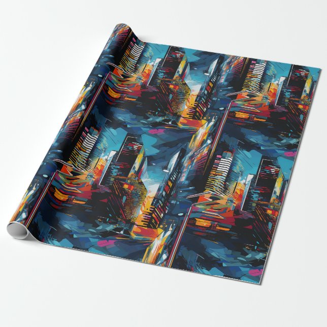 Papel De Presente Paisagem Urbana Abstrata de Cyberpunk (3) (Desenrolado)