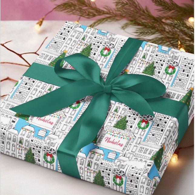 Papel De Presente paisagem urbana personalizada desenhada à mão (Put your family name or the name of a loved one on this unique Christmas in the City gift wrap!)