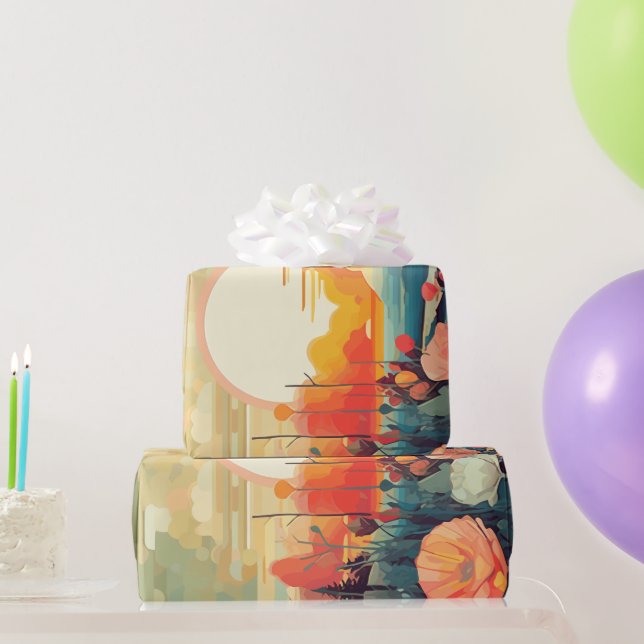 Papel De Presente Paisagem, vermelho e branco, papoilas, sol (Presentes para festas)