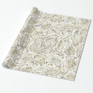 Papel De Presente Paisley Floral Branco e Dourado