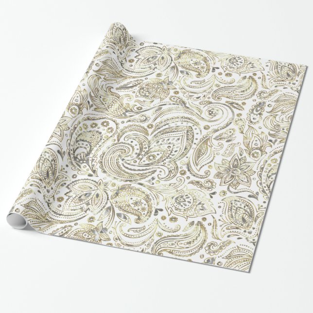 Papel De Presente Paisley Floral Branco e Dourado (Desenrolado)