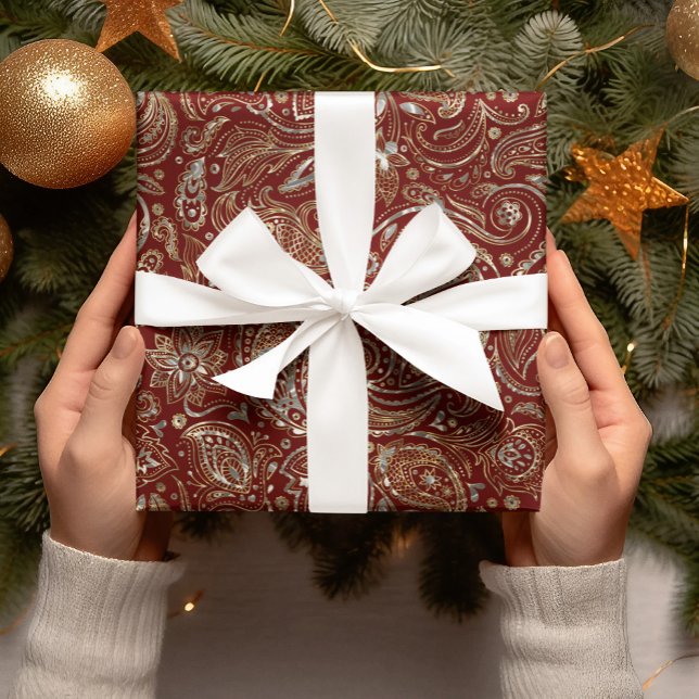 Papel De Presente Paisley Floral Vermelho e Dourado Escuro (Criador carregado)