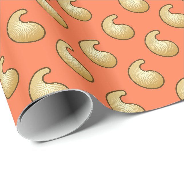 Papel De Presente Paisley laranja coral e dourado (Ponta do rolo)