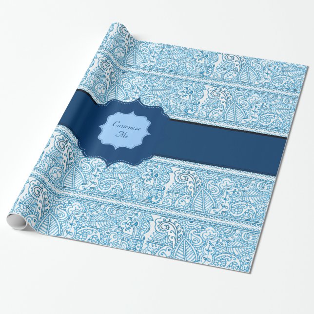 Papel De Presente Paisley Passion - (Azul) (Henna) (Monograma) (Desenrolado)