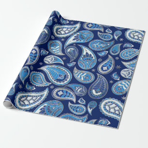 Papel De Presente Paisley Pattern - Azul e prata