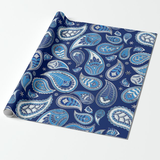 Papel De Presente Paisley Pattern - Azul e prata (Desenrolado)