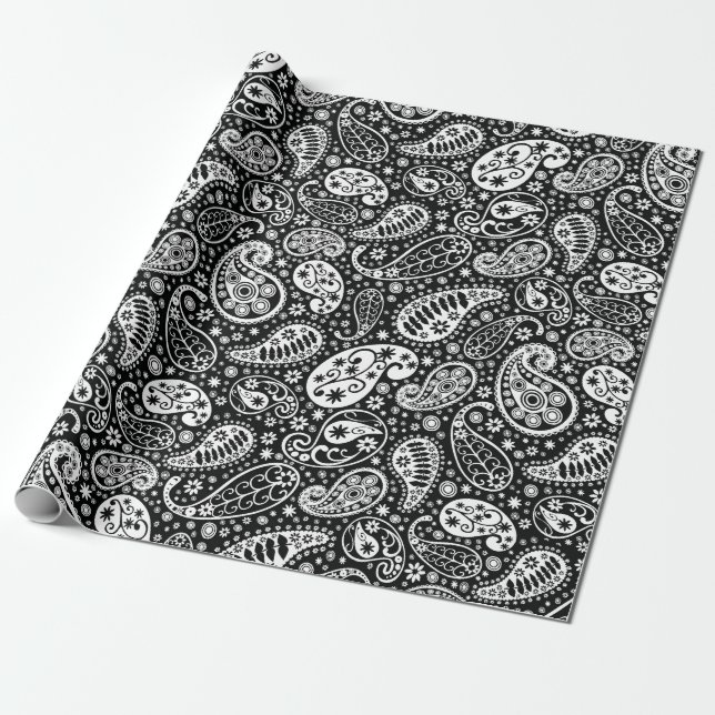 Papel De Presente Paisley preto & branco floral (Desenrolado)