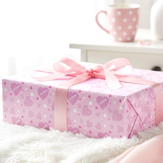 Papel De Presente Pale Pink Hearts And Name (Pale pink hearts + your name = the prettiest gift wrap ever.)