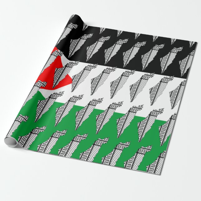 Papel De Presente Palestina - Bandeira e Mapa com Padrão Keffiyeg (Desenrolado)