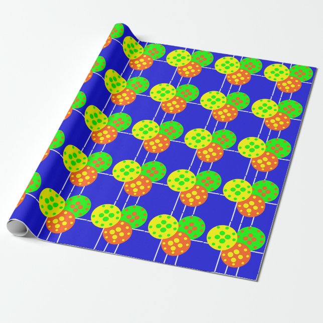 Papel De Presente Palhetas amarelas, laranja e verdes no campo azul (Desenrolado)