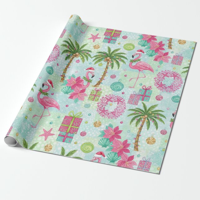 Papel De Presente Palm Tree Flamingo Tropical Vibes (Desenrolado)