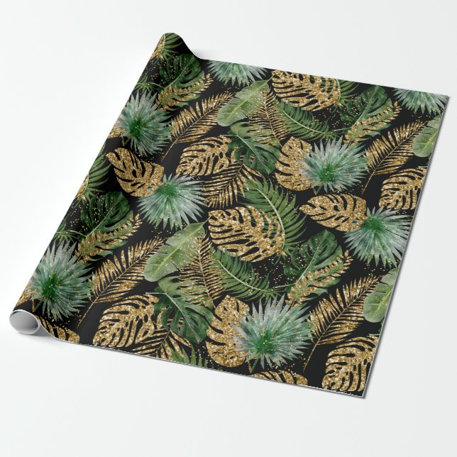 Papel De Presente Palma Tropical Deixa A Monstera Faux Dourada Glitt (Desenrolado)
