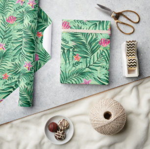 Papel De Presente Palma tropical e folhas de monstera e flores exóti