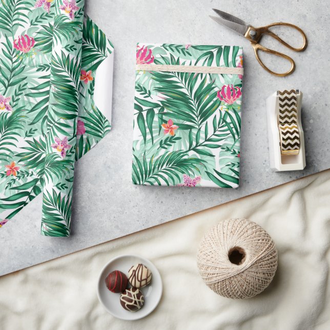 Papel De Presente Palma tropical e folhas de monstera e flores exóti (Artesanato)