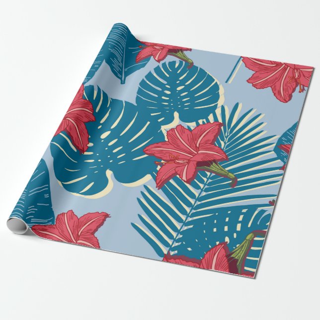 Papel De Presente Palma Tropical padrão azul sem costura (Desenrolado)