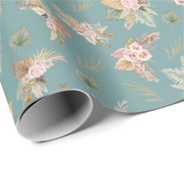 Papel De Presente Pampas Grass e Flores em Verde Azul