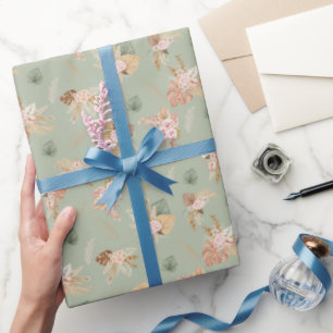 Papel De Presente Pampas Grass e Flores em Verde Sage