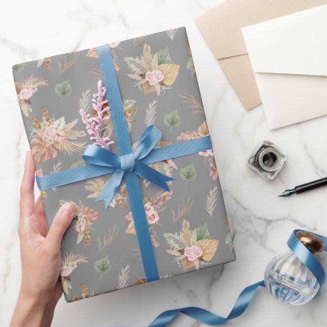 Papel De Presente Pampas Grass e Flores nas Cinzas (Presentear)