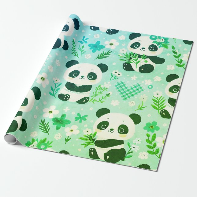 Papel De Presente Panda Bear Pattern Green Impressão (Desenrolado)