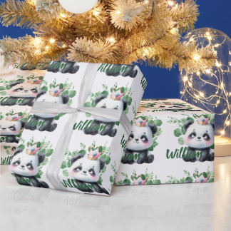 Papel De Presente Panda Cachorro Molerário Padrão Verde Aniversário