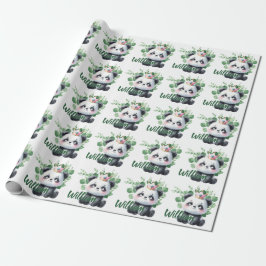 Papel De Presente Panda Cachorro Molerário Padrão Verde Aniversário