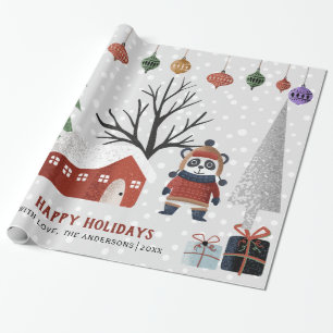 Papel De Presente Panda de inverno e árvores Feliz Natal