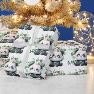 Papel De Presente Panda Fofo Padrão de Aquarela Verde Aniversário