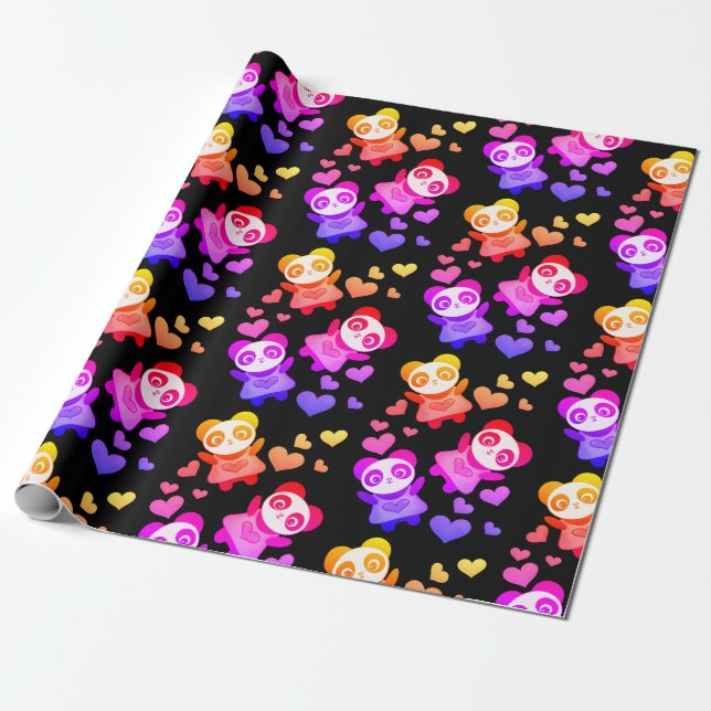 Papel De Presente Panda Love Cosmic Space Rainbow Heart (Desenrolado)