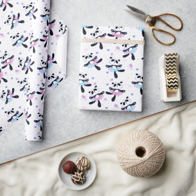 Papel De Presente Pandas Bailarinas Dançando Fofas em Branco (Artesanato)