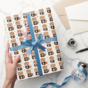 Papel De Presente Pandas Vermelhos em Aquarela sobre Branco Esmaecid