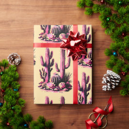Papel De Presente Pano de Fundo Bege com Cactos Rosa