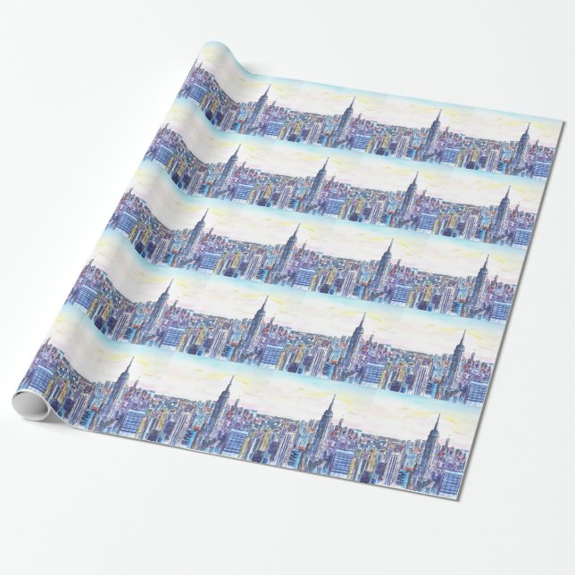 Papel De Presente Panorama da skyline de Manhattan na aguarela (Desenrolado)