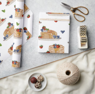 Papel De Presente Panquecas Aquarela Frutas Vermelhas Café da Manhã